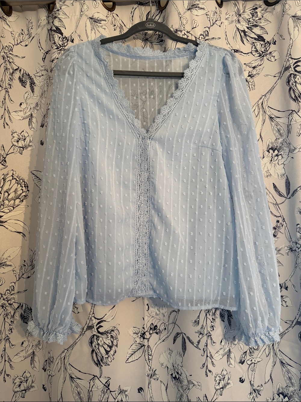 Light Blue Lace-Trim Women's Blouse